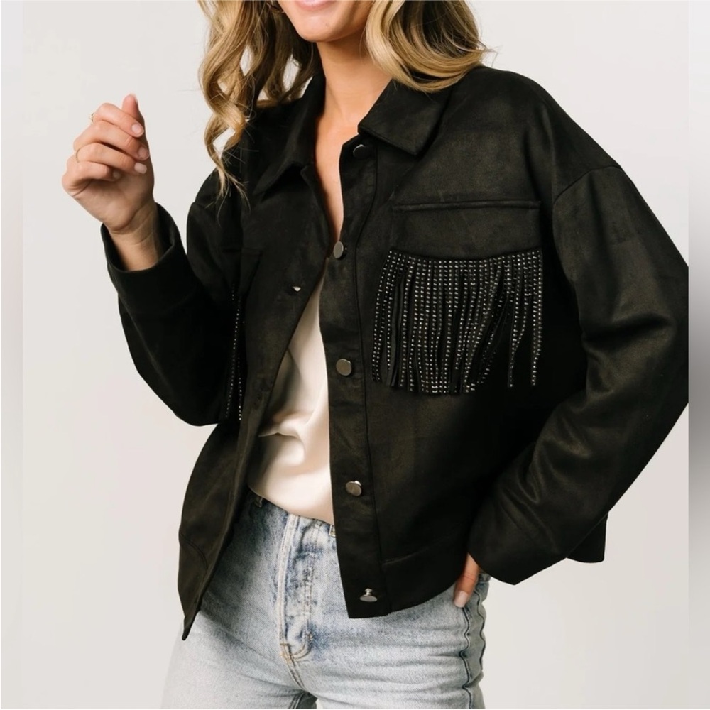 Savanna Jane Black Rhinestone Suede Fringe Jacket Western Glam Cowgirl Medium